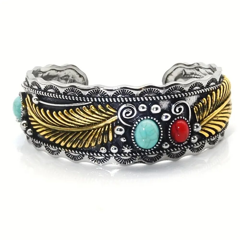 Vintage Two Color Leaf Turquoise Open Bracelet